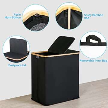 efluky Laundry Hamper with Lid, Double Laundry Hamper with 2 Removable Bags, 2 Section Laundry Baske...