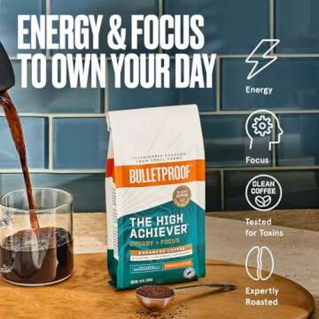 Bulletproof The High Achiever Ground Coffee, 10 Ounces, Medium-Dark Roast Enhanced Coffee with Lion's Mane Mushroom, B Vitamins, and Adaptogens for Energy and Focus