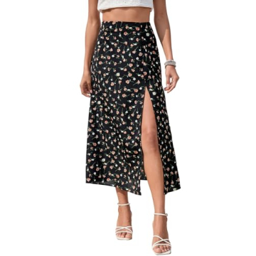 Floerns Women's Boho Floral High Waist Split A Line Midi Skirt Dark Black Floral XL