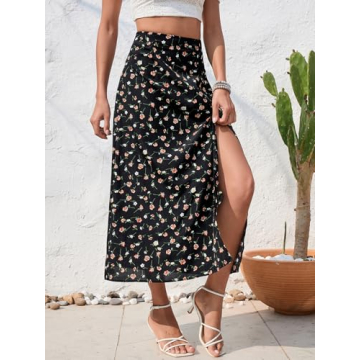 Floerns Women's Boho Floral High Waist Midi Skirt