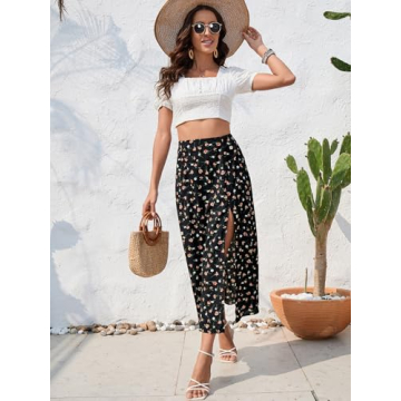 Floerns Women's Boho Floral High Waist Midi Skirt