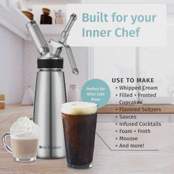Otis Classic 304 Stainless Steel Whipped Cream Dispenser, 500ml w/ 3 Decorating Nozzles 4 Injector Tips and 6 Colored Grips - Commercial Grade Quality Made of Food Grade Stainless Steel for Home Chef