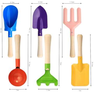 Egashow 6 PCS 8" Kids Garden Tools, Made of Metal with Sturdy Wooden Handle, Beach Snow Toys Cylinder, Spoon, Fork, Rake, Flat & Pointed Shovels for Children