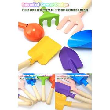 Egashow 6 PCS 8" Kids Garden Tools, Made of Metal with Sturdy Wooden Handle, Beach Snow Toys Cylinder, Spoon, Fork, Rake, Flat & Pointed Shovels for Children