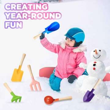 Egashow 6 PCS 8" Kids Garden Tools, Made of Metal with Sturdy Wooden Handle, Beach Snow Toys Cylinder, Spoon, Fork, Rake, Flat & Pointed Shovels for Children