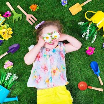 Egashow 6 PCS 8" Kids Garden Tools, Made of Metal with Sturdy Wooden Handle, Beach Snow Toys Cylinder, Spoon, Fork, Rake, Flat & Pointed Shovels for Children