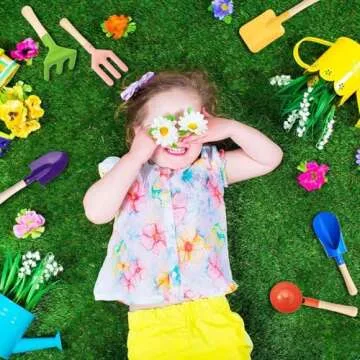 Egashow 6 PCS 8" Kids Garden Tools, Made of Metal with Sturdy Wooden Handle, Beach Snow Toys Cylinder, Spoon, Fork, Rake, Flat & Pointed Shovels for Children