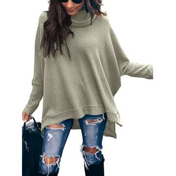 Caracilia Women's Oversized Tunic Sweater Turtleneck Batwing Long Sleeve Waffle Knit Split Hem Pullo...