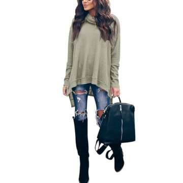 Caracilia Women's Oversized Tunic Sweater Turtleneck Batwing Long Sleeve Waffle Knit Split Hem Pullover Tops 2024 Outfits LightGreen Small