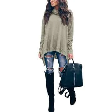 Caracilia Women's Oversized Tunic Sweater Turtleneck Batwing Long Sleeve Waffle Knit Split Hem Pullover Tops 2024 Outfits LightGreen Small