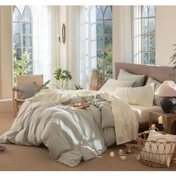 MooMee Bedding Sheet Set 100% Washed Cotton Linen Like Textured Breathable Durable Soft Comfy (Cream White, King)