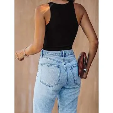 KEEPBEAUTY Womens Halter Tops Summer Sleeveless Shirts Sexy High Neck Fitted Tops Racer Back Tank Tops Blouses Black S