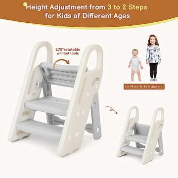 Onasti Foldable Step Stool for Bathroom Sink, Adjustable 3 Step Stool for Kids Toilet Potty Training Stool with Handles, Child Kitchen Counter Stool Helper, Plastic Ladder for Toddlers Grey
