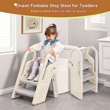 Onasti Foldable Step Stool for Bathroom Sink, Adjustable 3 Step Stool for Kids Toilet Potty Training Stool with Handles, Child Kitchen Counter Stool Helper, Plastic Ladder for Toddlers Grey