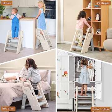Onasti Foldable Step Stool for Bathroom Sink, Adjustable 3 Step Stool for Kids Toilet Potty Training Stool with Handles, Child Kitchen Counter Stool Helper, Plastic Ladder for Toddlers Grey