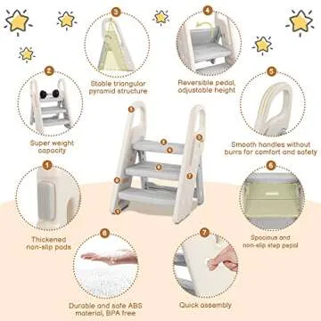 Onasti Foldable Step Stool for Bathroom Sink, Adjustable 3 Step Stool for Kids Toilet Potty Training Stool with Handles, Child Kitchen Counter Stool Helper, Plastic Ladder for Toddlers Grey