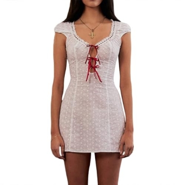 Women Sexy Lace Mini Dress Y2k Low Cut Spaghetti Strap Dress Square Neck Bodycon Cami Dress Summer P...