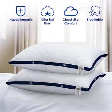 HOMEIDEAS Luxury Plush Gel Fiber Pillows (2 Pack, Queen), 100% Cotton Hotel Down-Alternative Gussete...