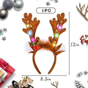 MCPINKY Reindeer Antlers Headband, LED Deer Antlers Headband with Bells Light Up Christmas Reindeer Hairband Reindeer Ears Headband for Kids Adult Christmas Cosplay Party Favors