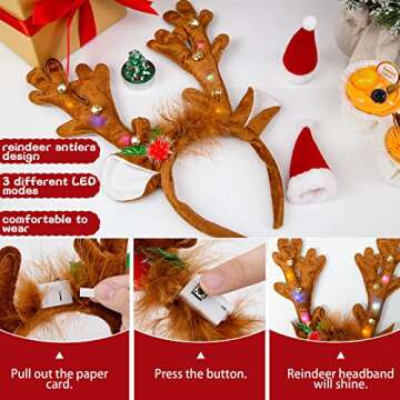 MCPINKY Reindeer Antlers Headband, LED Deer Antlers Headband with Bells Light Up Christmas Reindeer Hairband Reindeer Ears Headband for Kids Adult Christmas Cosplay Party Favors