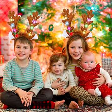 MCPINKY Reindeer Antlers Headband, LED Deer Antlers Headband with Bells Light Up Christmas Reindeer Hairband Reindeer Ears Headband for Kids Adult Christmas Cosplay Party Favors