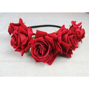 Floral Fall Rose Flower Crown Garland Festival Wedding Hair Wreaths Headbands F-32 (Red)