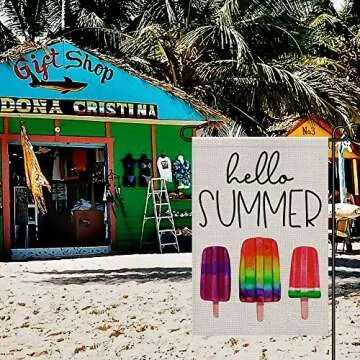 Hello Summer Ice Cream Garden Flag Burlap 12x18 Inch Double Sided, Seasonal Sign Outdoor Decor Yard Small Flags DF269