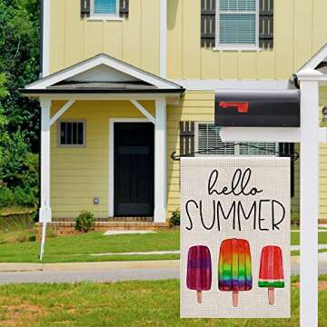 Hello Summer Ice Cream Garden Flag Burlap 12x18 Inch Double Sided, Seasonal Sign Outdoor Decor Yard Small Flags DF269