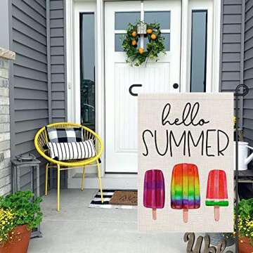 Hello Summer Ice Cream Garden Flag Burlap 12x18 Inch Double Sided, Seasonal Sign Outdoor Decor Yard Small Flags DF269