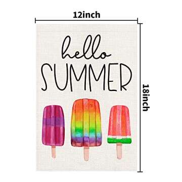 Hello Summer Ice Cream Garden Flag Burlap 12x18 Inch Double Sided, Seasonal Sign Outdoor Decor Yard Small Flags DF269