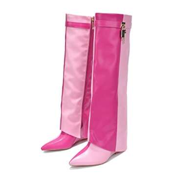Cape Robbin Women's Wedge Boots Knee High Pull On Pointed Fold Over Wedge Heel Boots Valeri-5 Pink 8...