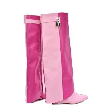 Cape Robbin Women's Wedge Boots Knee High Pull On Pointed Fold Over Wedge Heel Boots Valeri-5 Pink 8.5