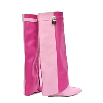 Cape Robbin Women's Wedge Boots Knee High Pull On Pointed Fold Over Wedge Heel Boots Valeri-5 Pink 8.5