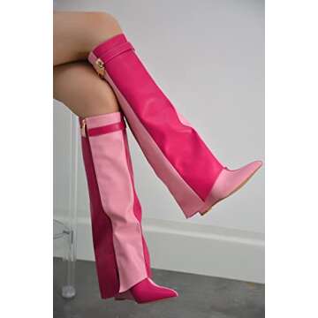 Cape Robbin Women's Wedge Boots Knee High Pull On Pointed Fold Over Wedge Heel Boots Valeri-5 Pink 8.5