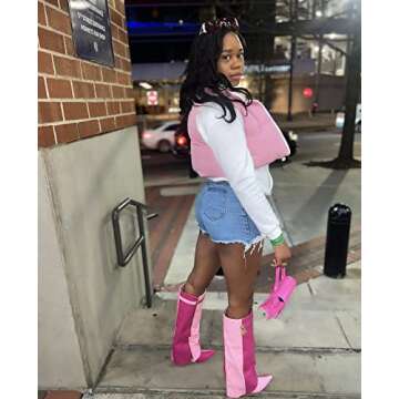 Cape Robbin Women's Wedge Boots Knee High Pull On Pointed Fold Over Wedge Heel Boots Valeri-5 Pink 8.5