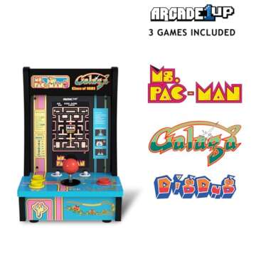 Arcade1Up Class of ‘81 Ms. PAC-Man/Galaga Countercade – 3 Classic Games, Retro Game Console for Home, Portable Console with 7-inch Screen, Table-top Video Game for Game Room