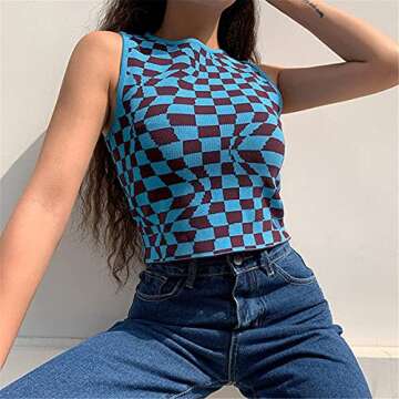 Women Teen Girl Ribbed Tank Crop Top Sleeveless Y2k Cami Vest Top Plaid Fashion E-Girl Shirts Summer...
