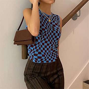 Women Teen Girl Ribbed Tank Crop Top Sleeveless Y2k Cami Vest Top Plaid Fashion E-Girl Shirts Summer Streetwear (Blue, Medium, m)