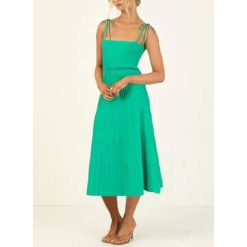 ARTFREE Womens Ribbed Knit Summer Maxi Dresses Tie Straps Square Neck Party Long Dress Green XL