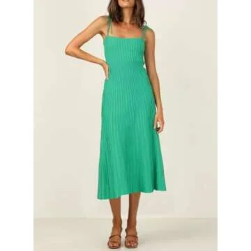ARTFREE Womens Ribbed Knit Summer Maxi Dresses Tie Straps Square Neck Party Long Dress Green XL