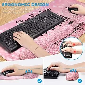 iCasso Mouse Pad,Large Pink Desk Mat, 4in1 XXL Mousepad + Keyboard Wrist Rest+Mouse Wrist Rest+Coaster Set with Ergonomic Desk Pad for Home Office Table Computer-Pink Stay Positive