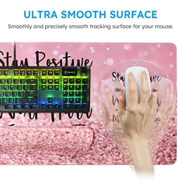 iCasso Mouse Pad,Large Pink Desk Mat, 4in1 XXL Mousepad + Keyboard Wrist Rest+Mouse Wrist Rest+Coaster Set with Ergonomic Desk Pad for Home Office Table Computer-Pink Stay Positive