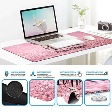 iCasso Mouse Pad,Large Pink Desk Mat, 4in1 XXL Mousepad + Keyboard Wrist Rest+Mouse Wrist Rest+Coaster Set with Ergonomic Desk Pad for Home Office Table Computer-Pink Stay Positive