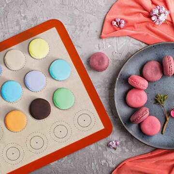 Silicone Macaron Baking Mat Set of 2 Half Sheet Non Stick Reusable Silicone Pastry Baking Mat for Bake Pans & Rolling - Macaron/Pastry/Cookie/Bun/Bread Making Counter Mat, Dough Rolling Mat