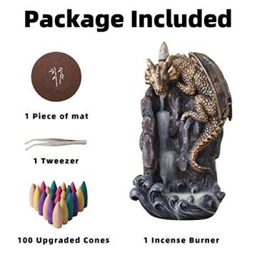 MAKOUYU Dragon Backflow Incense Holder Waterfall Incense Burner, with 100 Backflow Incense Cones,1 Mat,1 Tweezers，Dragon Statues，Aromatherapy Ornamental for Home Office Yoga （Golden Dragon）