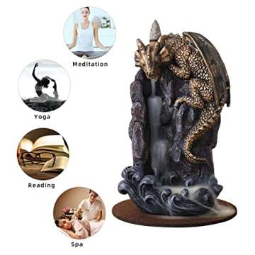 MAKOUYU Dragon Backflow Incense Holder Waterfall Incense Burner, with 100 Backflow Incense Cones,1 Mat,1 Tweezers，Dragon Statues，Aromatherapy Ornamental for Home Office Yoga （Golden Dragon）