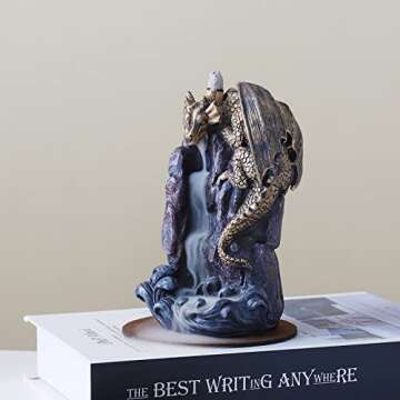 MAKOUYU Dragon Backflow Incense Holder Waterfall Incense Burner, with 100 Backflow Incense Cones,1 Mat,1 Tweezers，Dragon Statues，Aromatherapy Ornamental for Home Office Yoga （Golden Dragon）