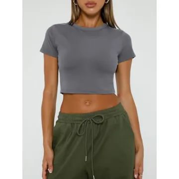 WYNNQUE Womens Crop Tops Cute Summer Scoop Neck Basic Tees Slim Fit Trendy Short Sleeve T Shirts for Teen Girls 2025 Grey M