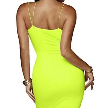 PRIMODA Women's Sexy Neon Asymmetrical Spaghetti Strap Dress Deep V-Neck Sleeveless Bodycon Midi Club Dress (Neon-Green,L)