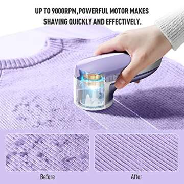 Ruidla Fabric Shaver Defuzzer, Electric Lint Remover, Rechargeable Sweater Shaver with Stainless Steel 3-Leaf Blades, Dual Protection, Removable Bin, Easy Remove Fuzz, Lint, Pills, Bobbles